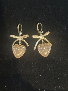 Gold Bow Heart Drop Earrings with Pink Crystal Accents